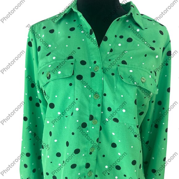 Adrienne Vittadini Green & Black Polka Dot Medium Rolltab Sleeve Button Blouse - Picture 1 of 6